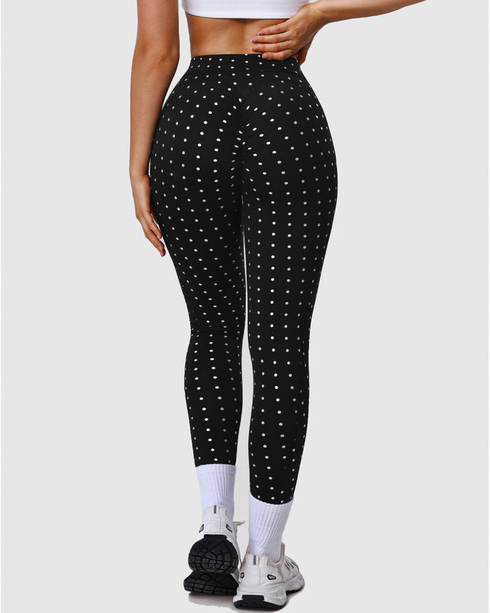 Silver Polka Dot Yoga Leggings Cross-cut Black Workout Pants  - By Qivii