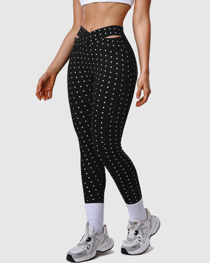 Silver Polka Dot Yoga Leggings Cross-cut Black Workout Pants  - By Qivii