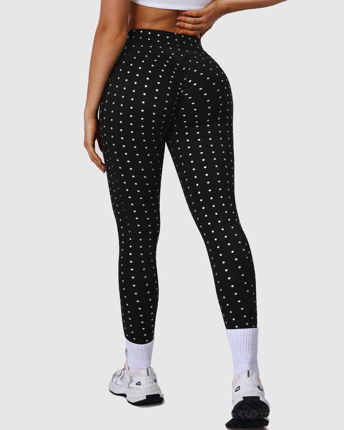 Silver Polka Dot Yoga Leggings Cross-cut Black Workout Pants  - By Qivii