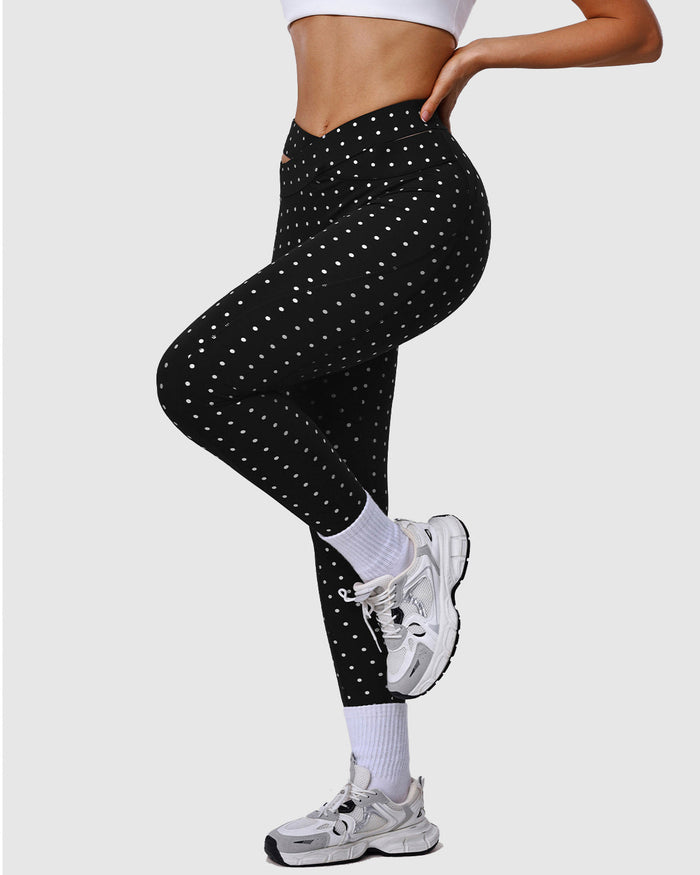 Silver Polka Dot Yoga Leggings Cross-cut Black Workout Pants  - By Qivii