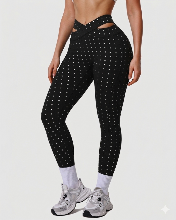 Silver Polka Dot Yoga Leggings Cross-cut Black Workout Pants  - By Qivii