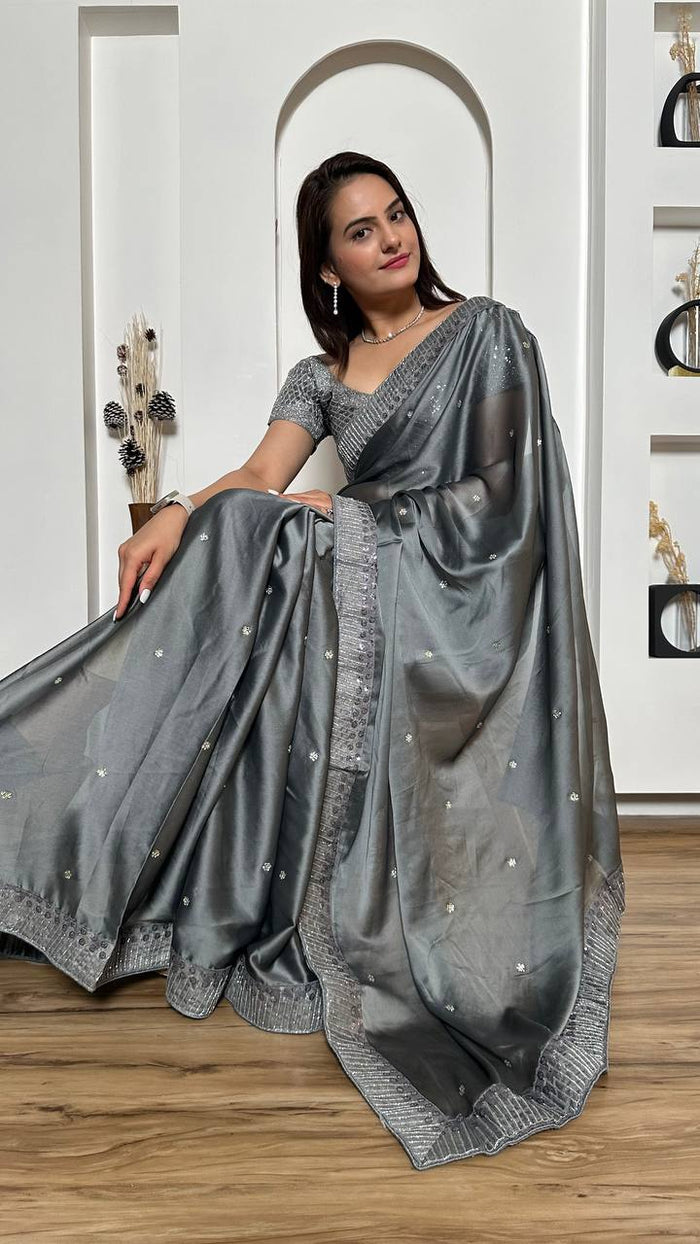 Silver Rangoli silk saree with sequins & dori work + stone work - INSPIRED - qivii