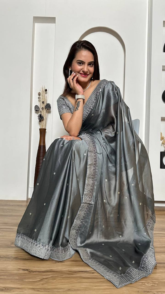 Silver Rangoli silk saree with sequins & dori work + stone work - INSPIRED - qivii