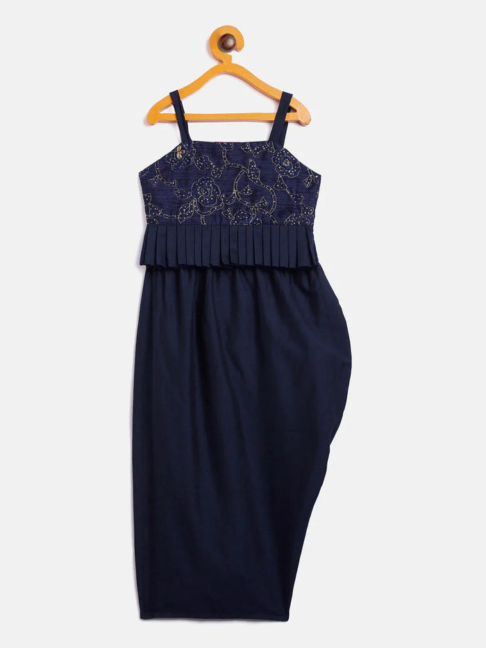 Sishu Girl's Navy Blue Draped Skirt With Crop Top