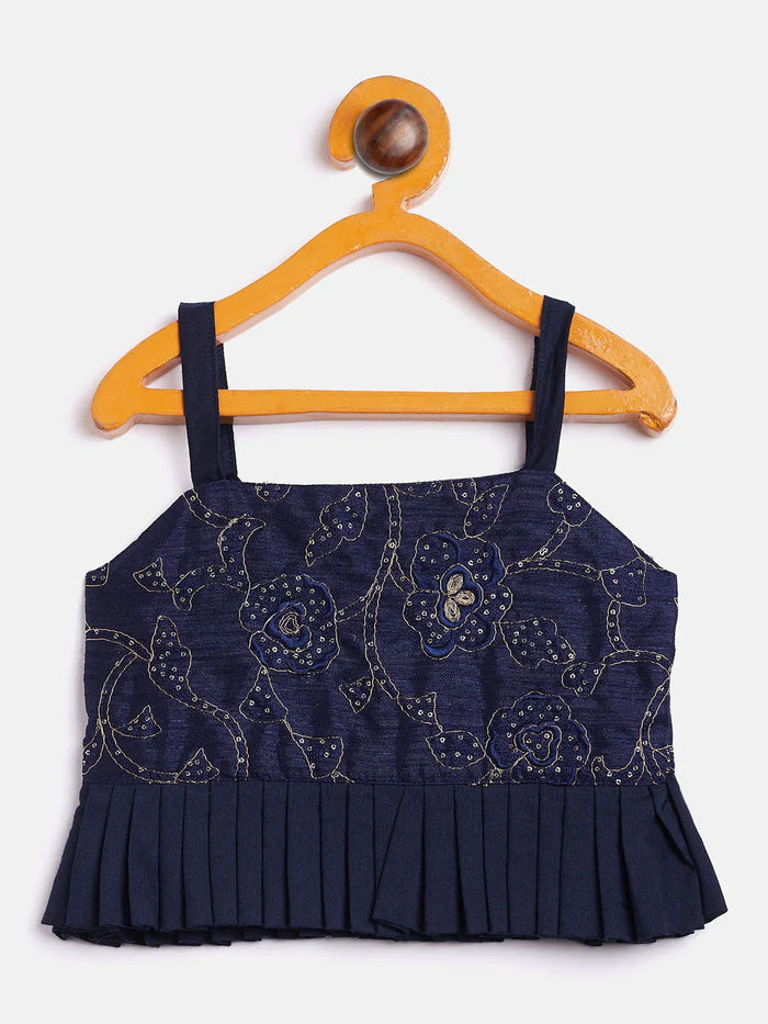 Sishu Girl's Navy Blue Draped Skirt With Crop Top