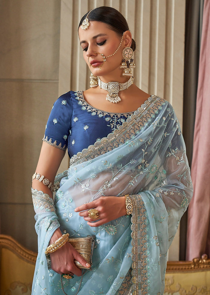 Sky Blue Fancy Tissue Saree With Unique Work And Designer Blouse - qivii