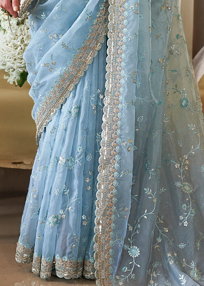 Sky Blue Fancy Tissue Saree With Unique Work And Designer Blouse - qivii