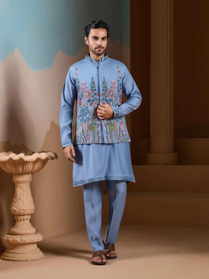 Sky Blue Kurta Set With Embroidery Sequins Jacket