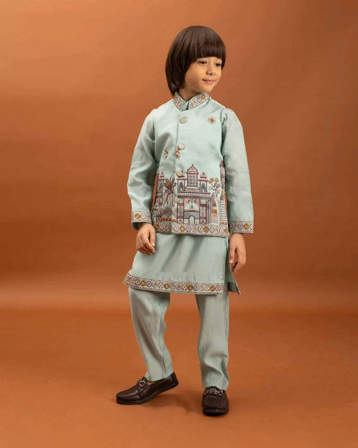Sky Kurta Set With Thread Sequins Embroidery Work Koti