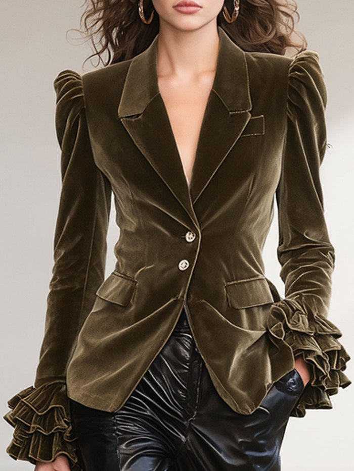 Solid Color Lapel Ruffled Single-breasted Velvet Blazer  - By Qivii
