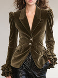Solid Color Lapel Ruffled Single-breasted Velvet Blazer  - By Qivii