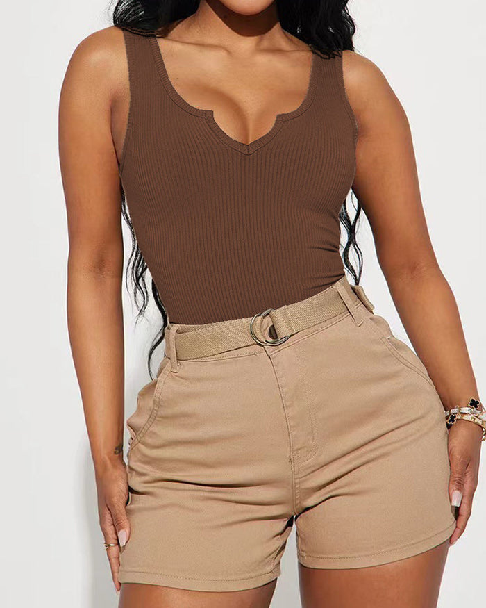Solid Notched Neck Ribbed Sleeveless One Piece Bodysuit Shapewear  - By Qivii