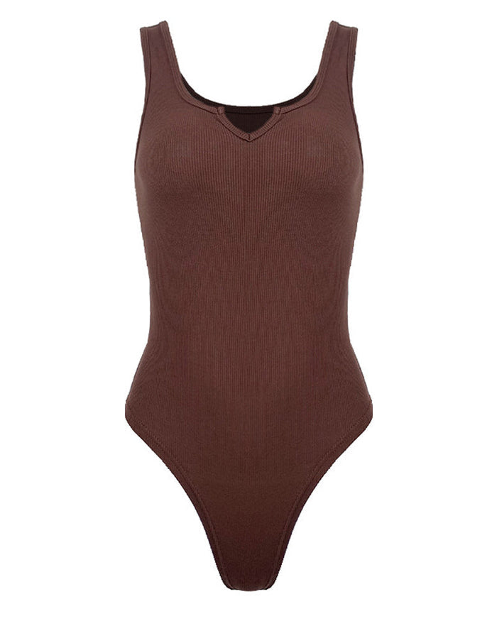 Solid Notched Neck Ribbed Sleeveless One Piece Bodysuit Shapewear  - By Qivii