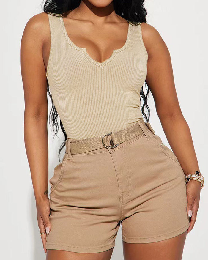 Solid Notched Neck Ribbed Sleeveless One Piece Bodysuit Shapewear  - By Qivii