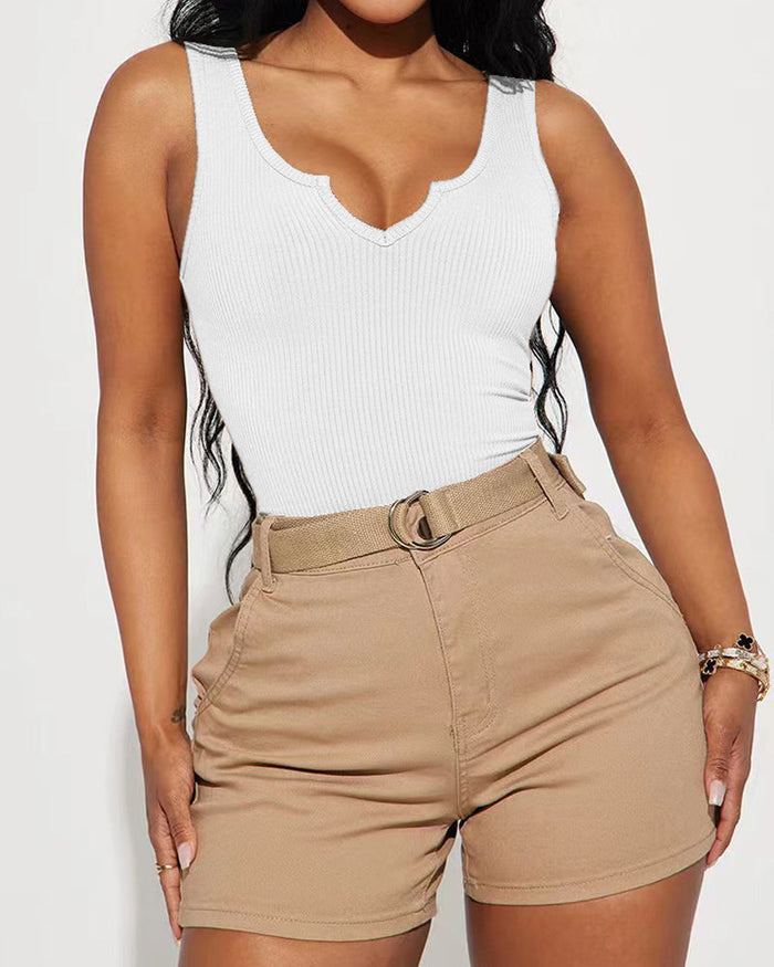 Solid Notched Neck Ribbed Sleeveless One Piece Bodysuit Shapewear  - By Qivii