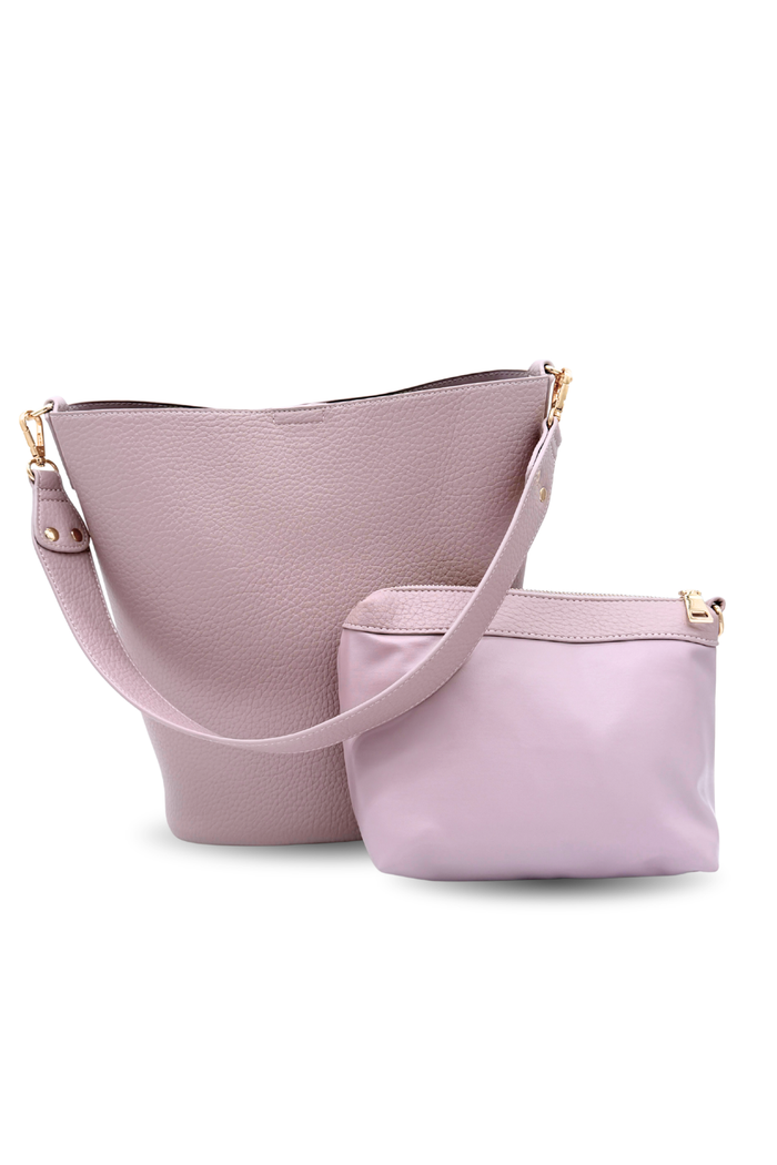A light violet Modern+Chic Sophie Bucket Bag for Women – Vegan Leather on a white background.