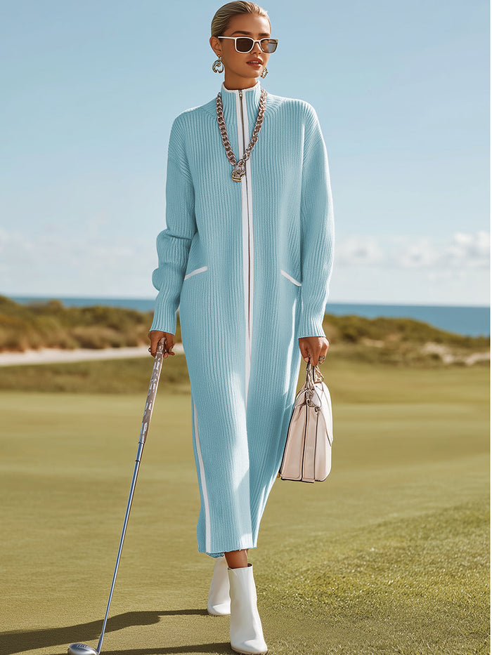Sporty And Stylish White-trimmed Blue Knit Maxi Dress  - By Qivii