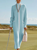 Sporty And Stylish White-trimmed Blue Knit Maxi Dress  - By Qivii