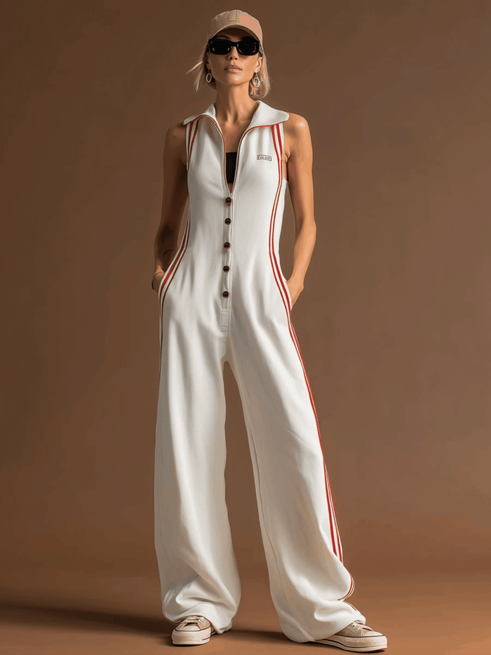 Sporty Retro Red Ribbon White Cotton Sleeveless Jumpsuit  - By Qivii
