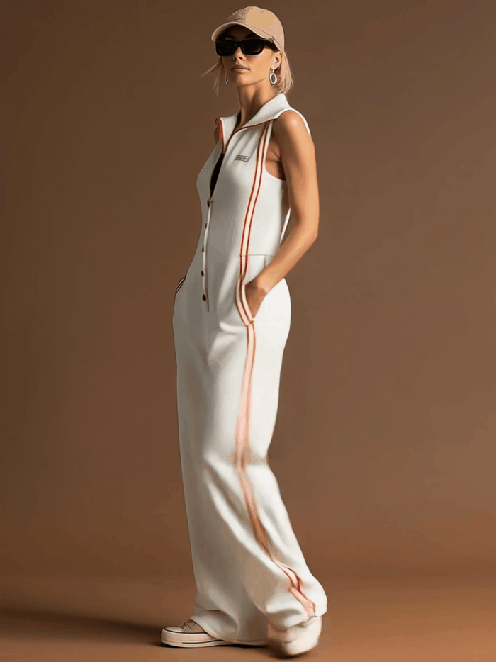 Sporty Retro Red Ribbon White Cotton Sleeveless Jumpsuit  - By Qivii