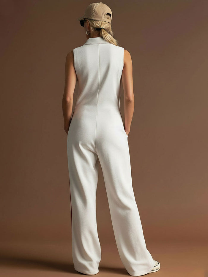 Sporty Retro Red Ribbon White Cotton Sleeveless Jumpsuit  - By Qivii