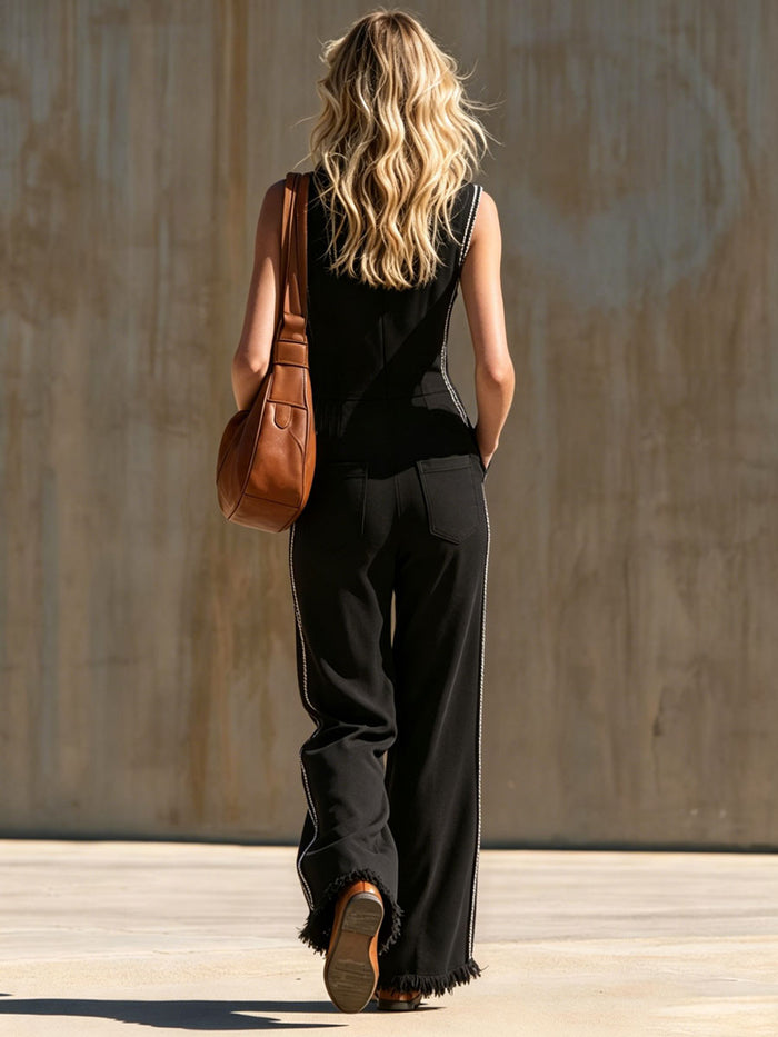 Sporty Retro Webbing Black Cotton Frayed Sleeveless Jumpsuit  - By Qivii