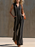 Sporty Retro Webbing Black Cotton Frayed Sleeveless Jumpsuit  - By Qivii