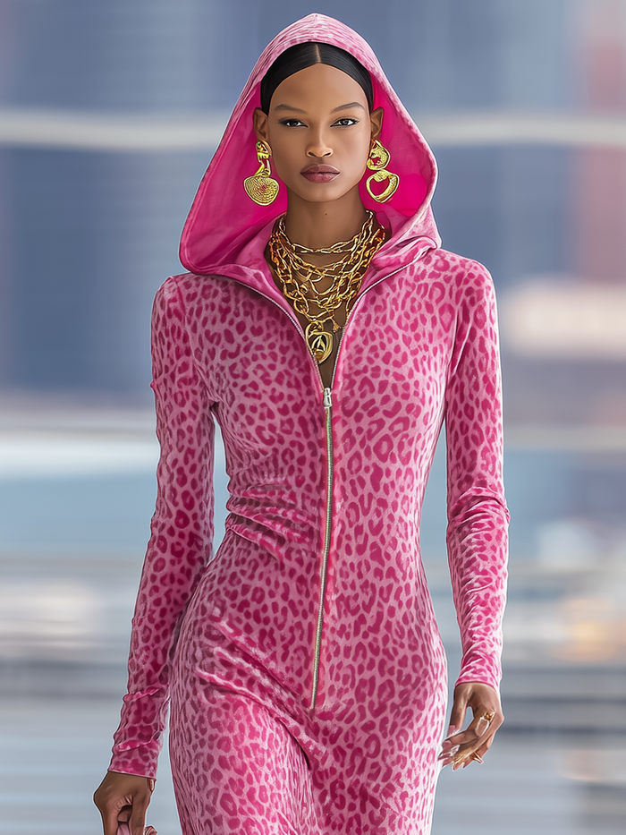 Sporty Zip-up Hooded Leopard-print Velvet Maxi Dress  - By Qivii