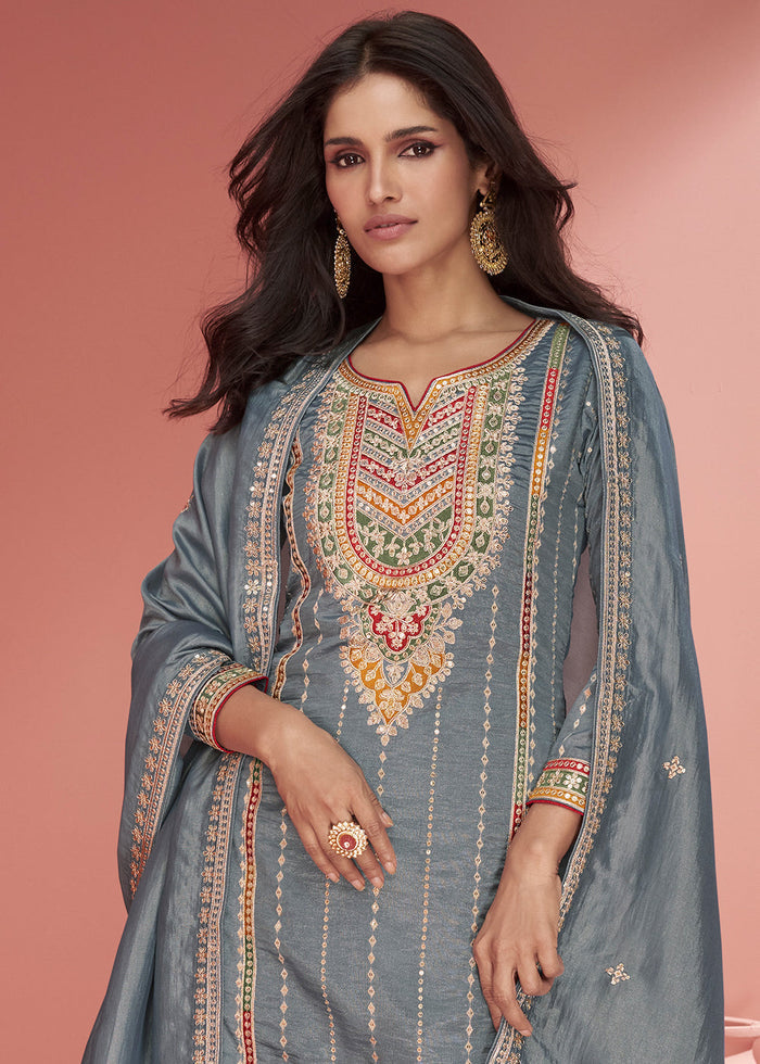 Steel Grey Organza Silk Plazzo Suit with Embroidery work - qivii