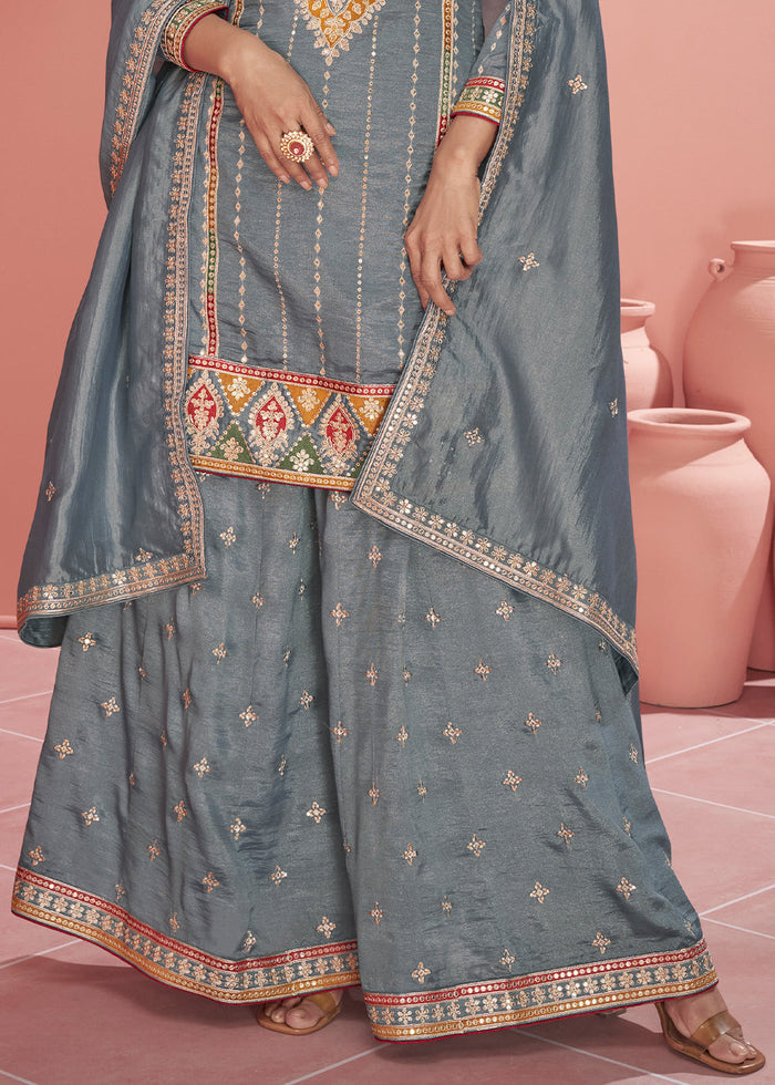 Steel Grey Organza Silk Plazzo Suit with Embroidery work - qivii