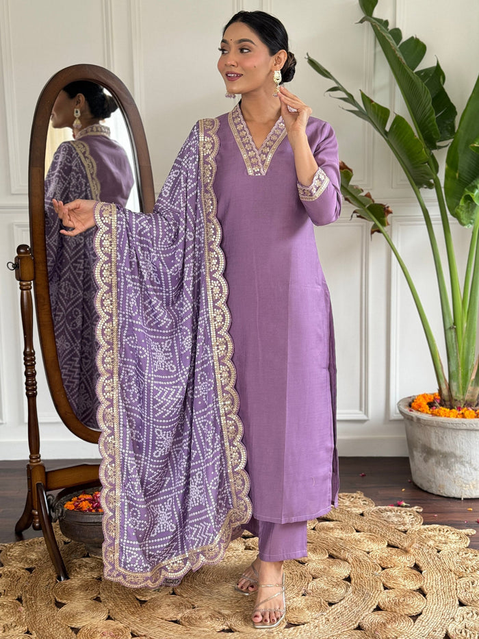 Fully stitched ensemble in rich purple color, perfect for weddings and festivals