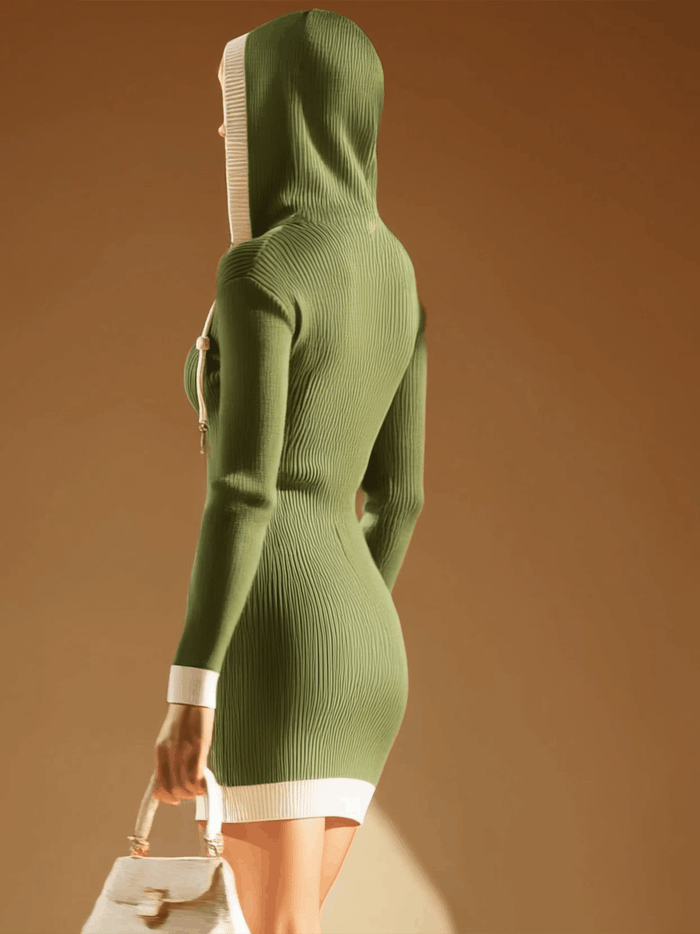 Stylish And Casual White-trimmed Green Hooded Knitted Mini Dress  - By Qivii