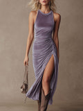 Stylish And Elegant Purple Sleeveless High-slit Velvet Midi Dress  - By Qivii