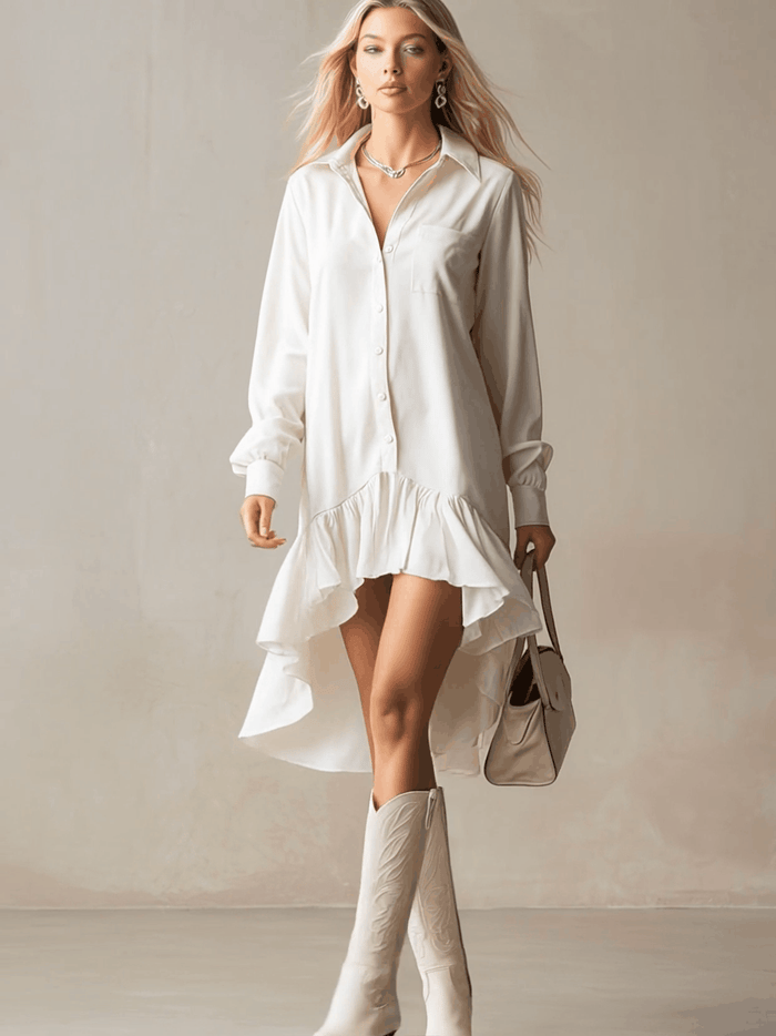 Stylish And Elegant Off-white Ruffled Tencel Denim Midi Dress  - By Qivii