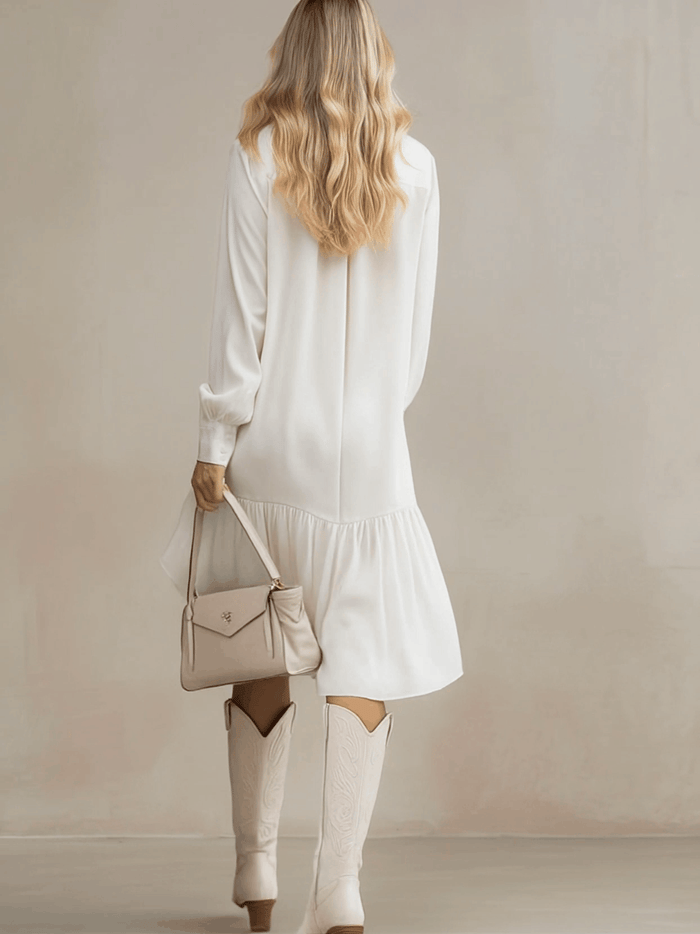 Stylish And Elegant Off-white Ruffled Tencel Denim Midi Dress  - By Qivii