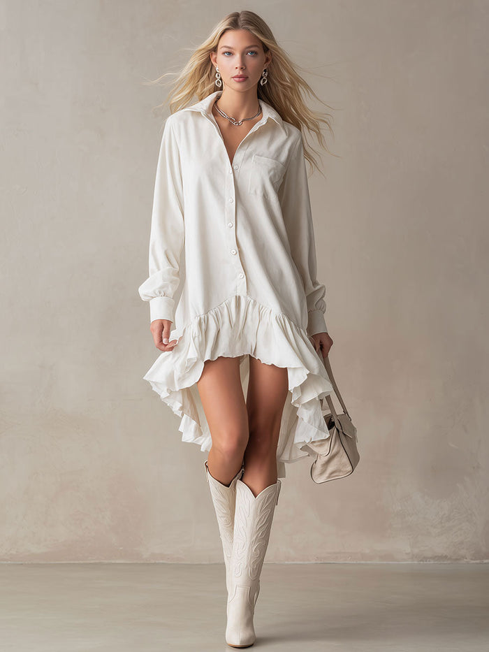 Stylish And Elegant Off-white Ruffled Tencel Denim Midi Dress  - By Qivii