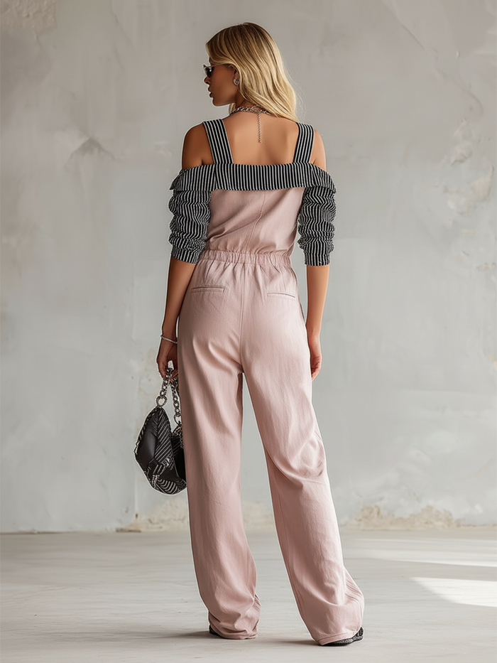 Stylish Color-blocked Striped Sleeve Pink Cotton Jumpsuit  - By Qivii