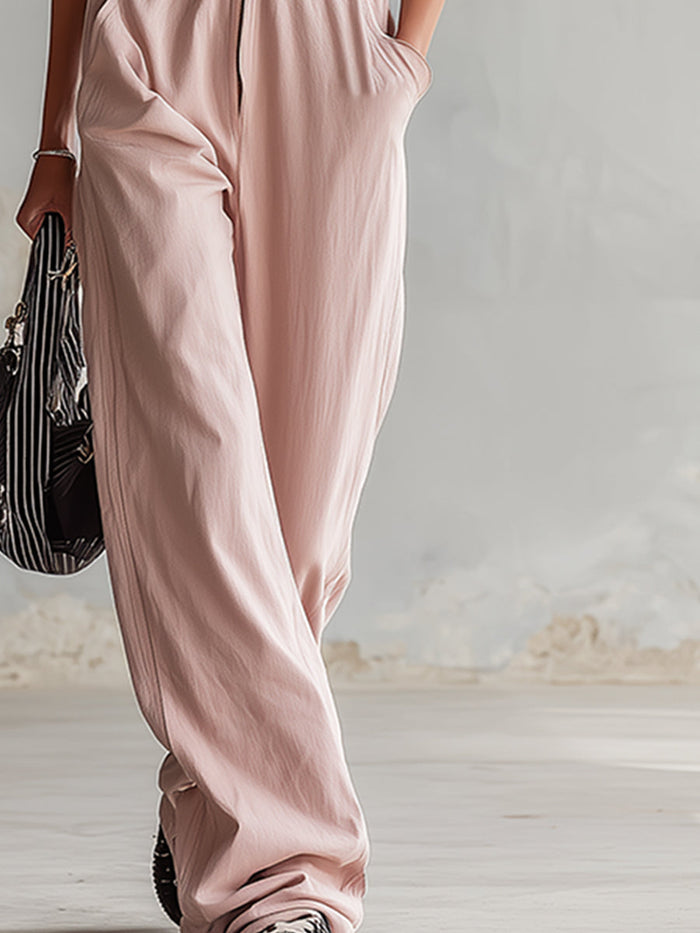 Stylish Color-blocked Striped Sleeve Pink Cotton Jumpsuit  - By Qivii