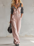 Stylish Color-blocked Striped Sleeve Pink Cotton Jumpsuit  - By Qivii