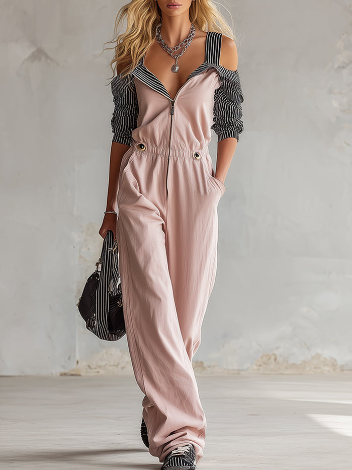 Stylish Color-blocked Striped Sleeve Pink Cotton Jumpsuit  - By Qivii