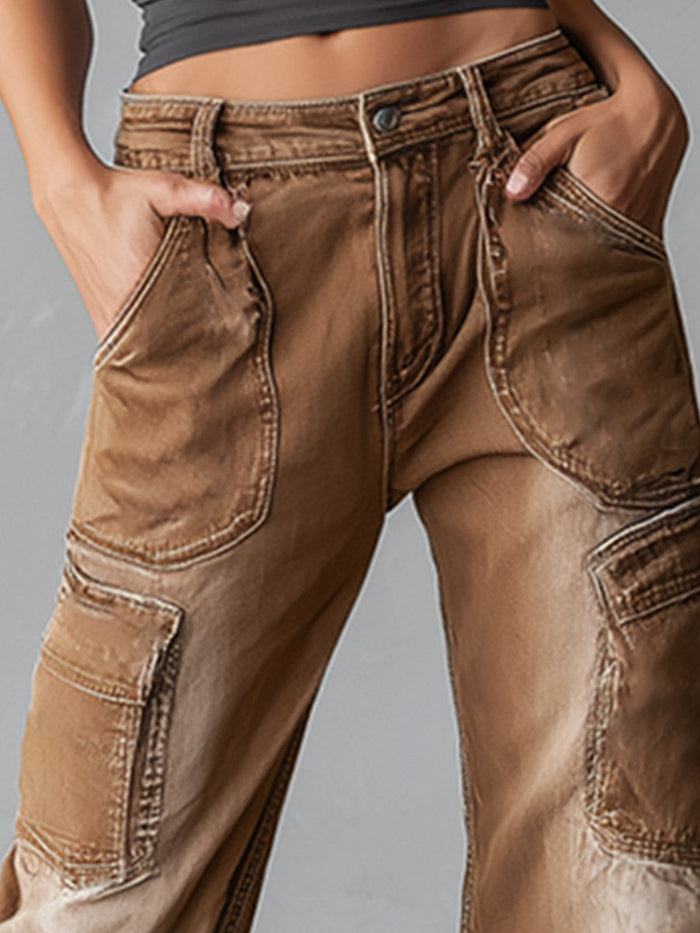 Stylish & Distinctive Distressed Brown Cargo Jeans  - By Qivii