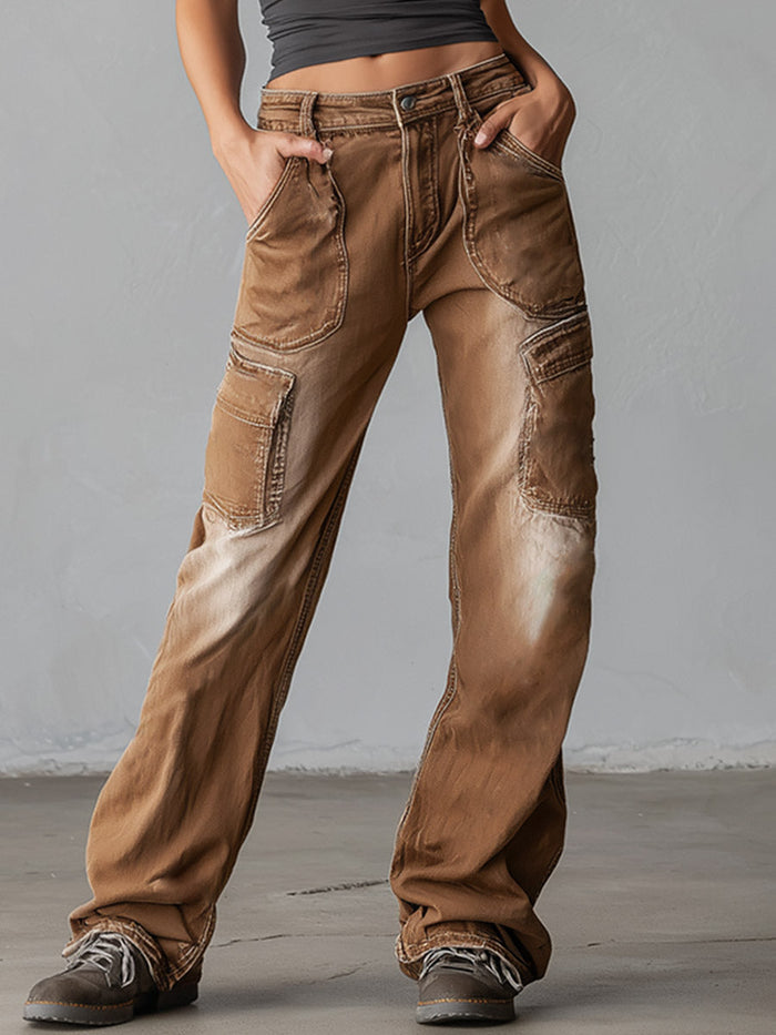 Stylish & Distinctive Distressed Brown Cargo Jeans  - By Qivii