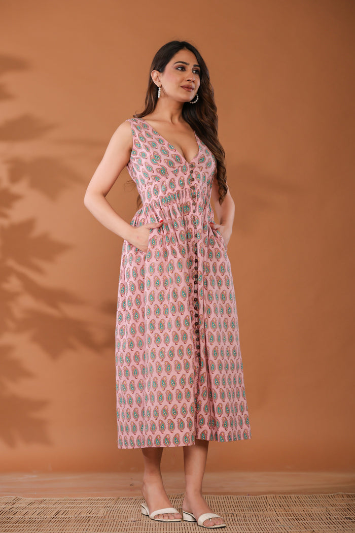 Sugar Pink Cotton Hand Block Printed Midi Dress