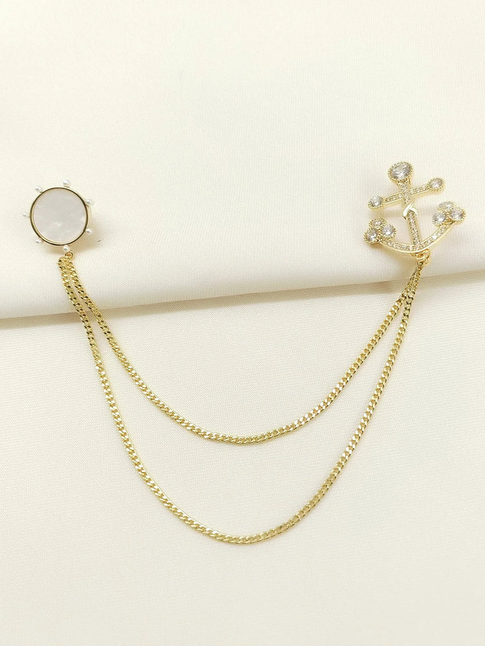 Sureeli Golden Anchor & Wheel Brooch Pin With Chain