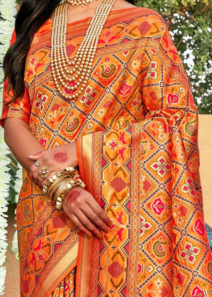 Tangerine Orange Woven Patola Silk Saree - qivii