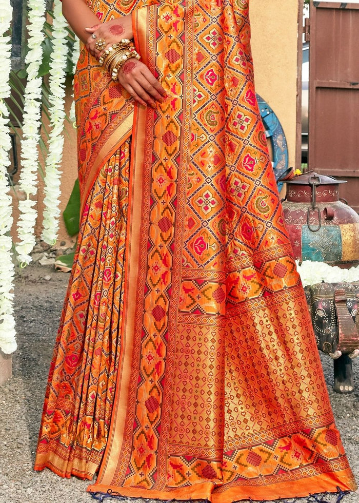 Tangerine Orange Woven Patola Silk Saree - qivii