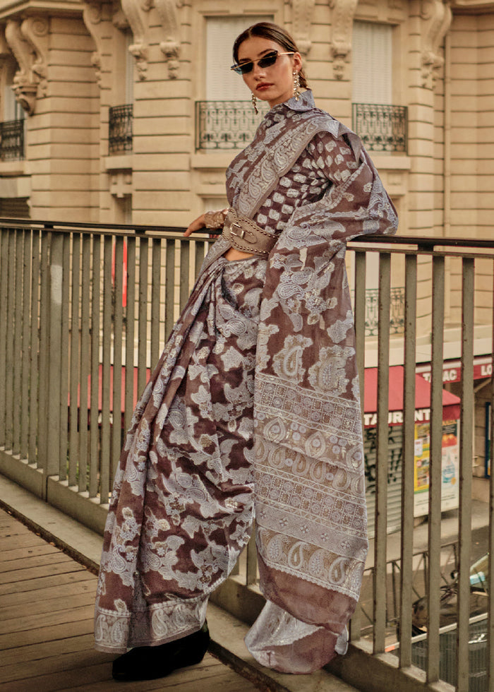Taupe Brown Zari Handloom Woven Organza Silk Saree - qivii