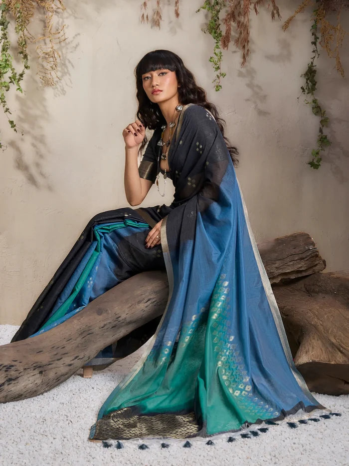 Teal Blue-Green Handloom Cotton Saree