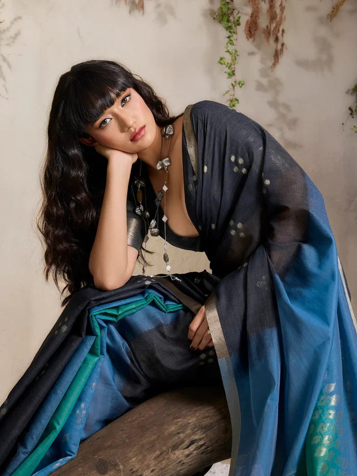 Teal Blue-Green Handloom Cotton Saree