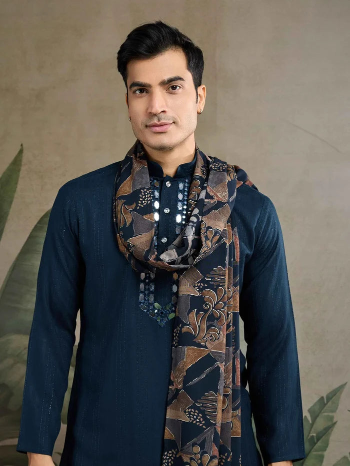 Teal Blue Mirror Work And Zari Work Rayon Kurta With Printed Dupatta & Pant